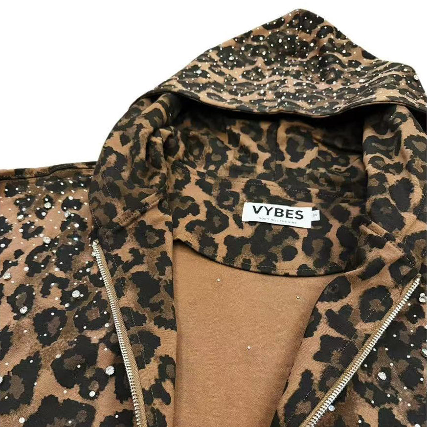 VYBES Rhinestone Leopard Zip Up