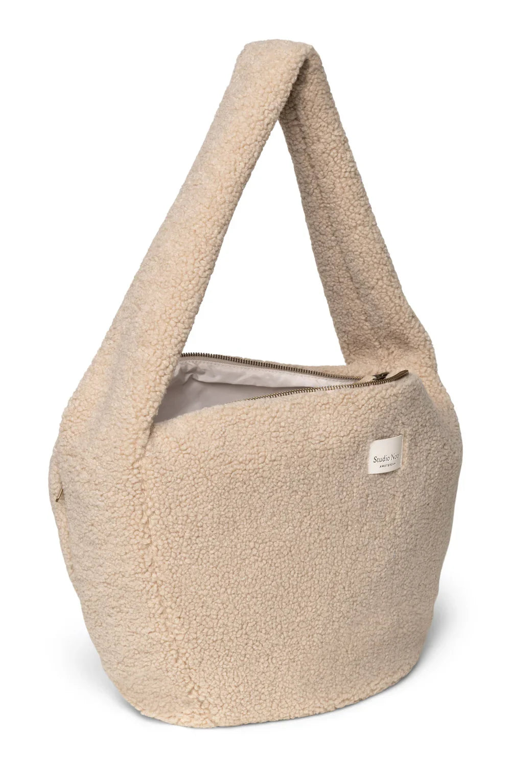 Ecrukleurige teddy schoudertas met hartjes