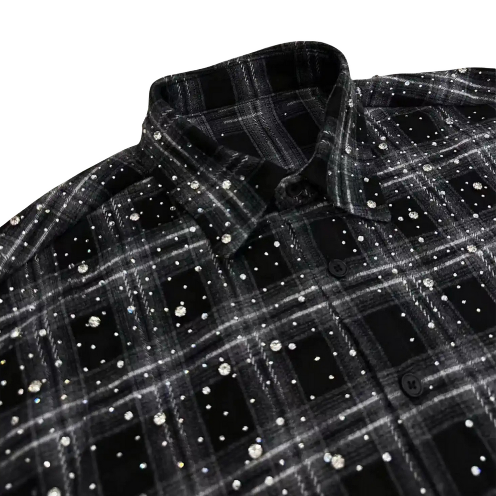 VYBES Rhinestone Plaid Long Sleeve Shirt Jacket