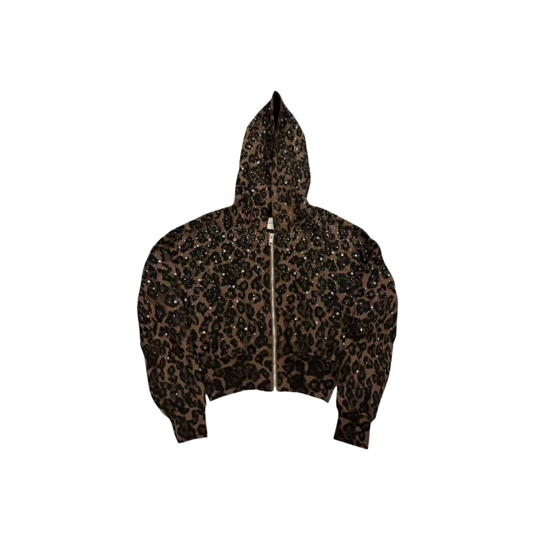 VYBES Women's Brown Leopard Cropped Zip-up