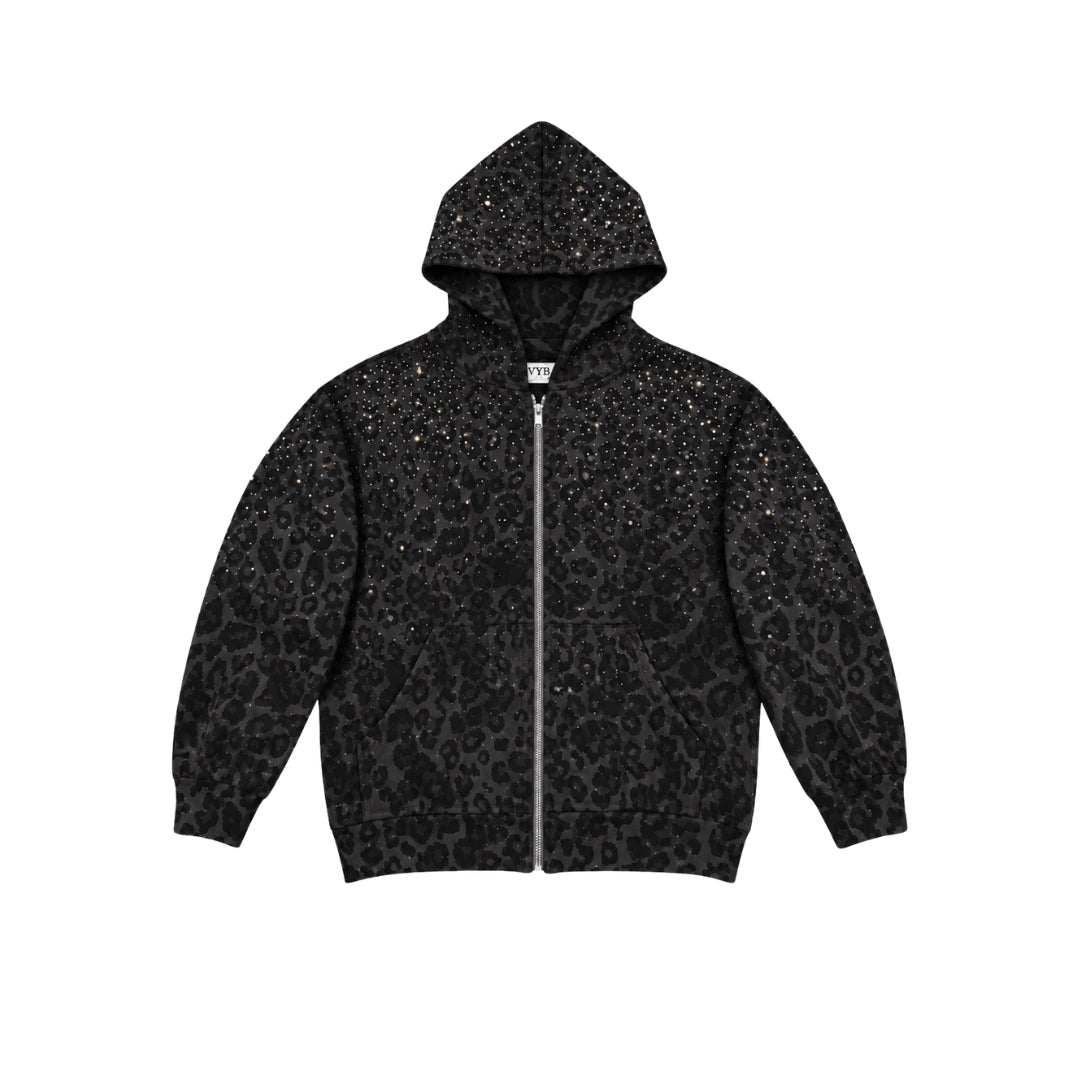 VYBES Black Leopard Zip Up