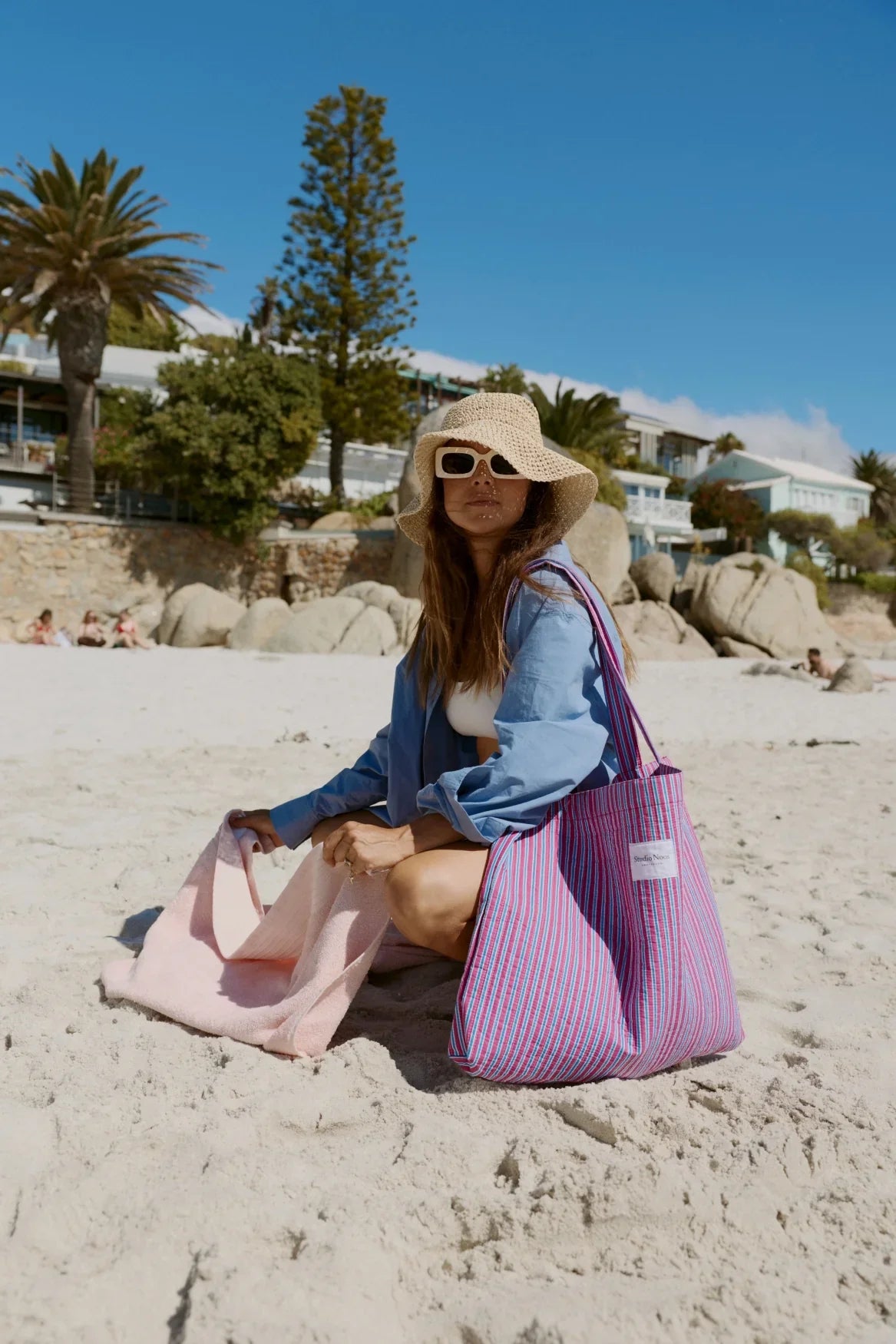 Popeline mom-tas met strepen | Framboos