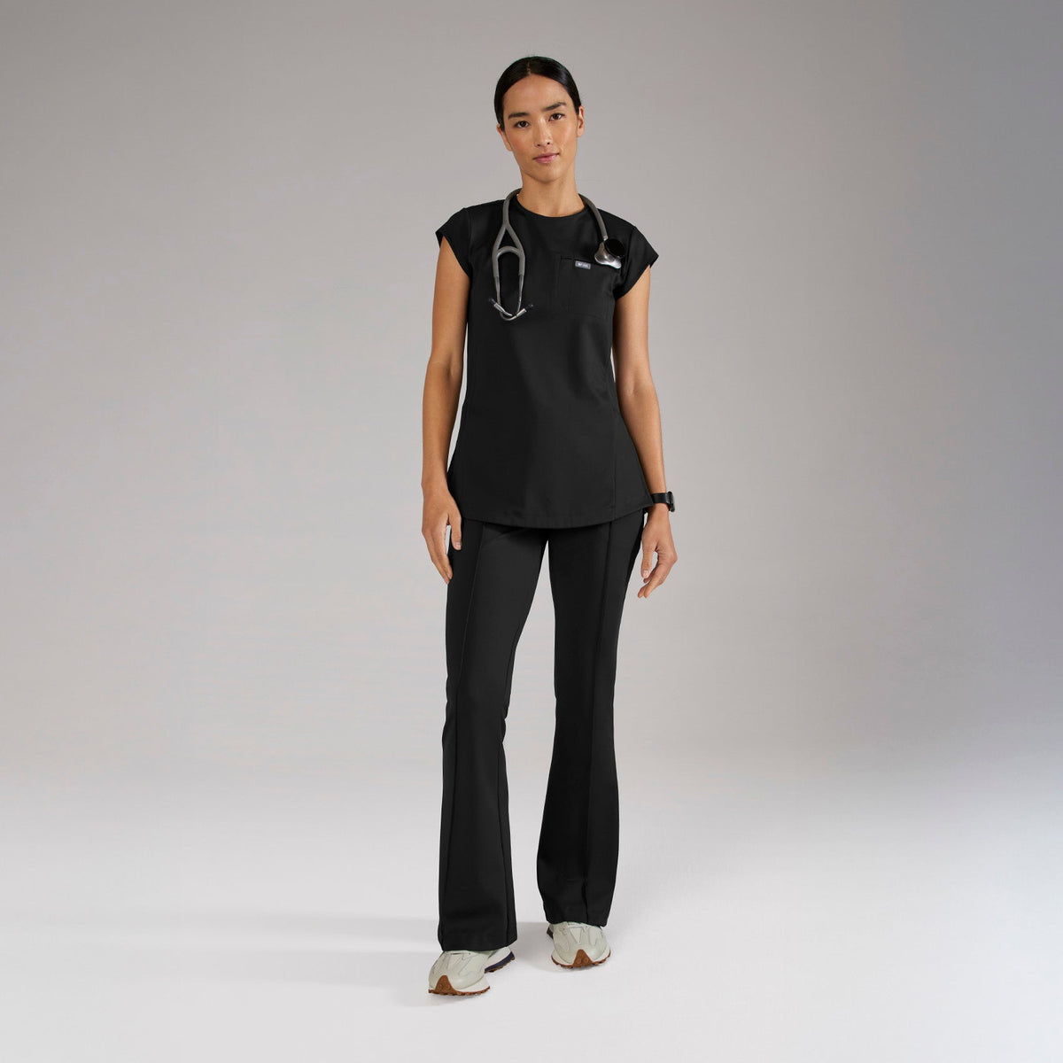 Alma Slim Crewneck Tunic Scrub Top - Black