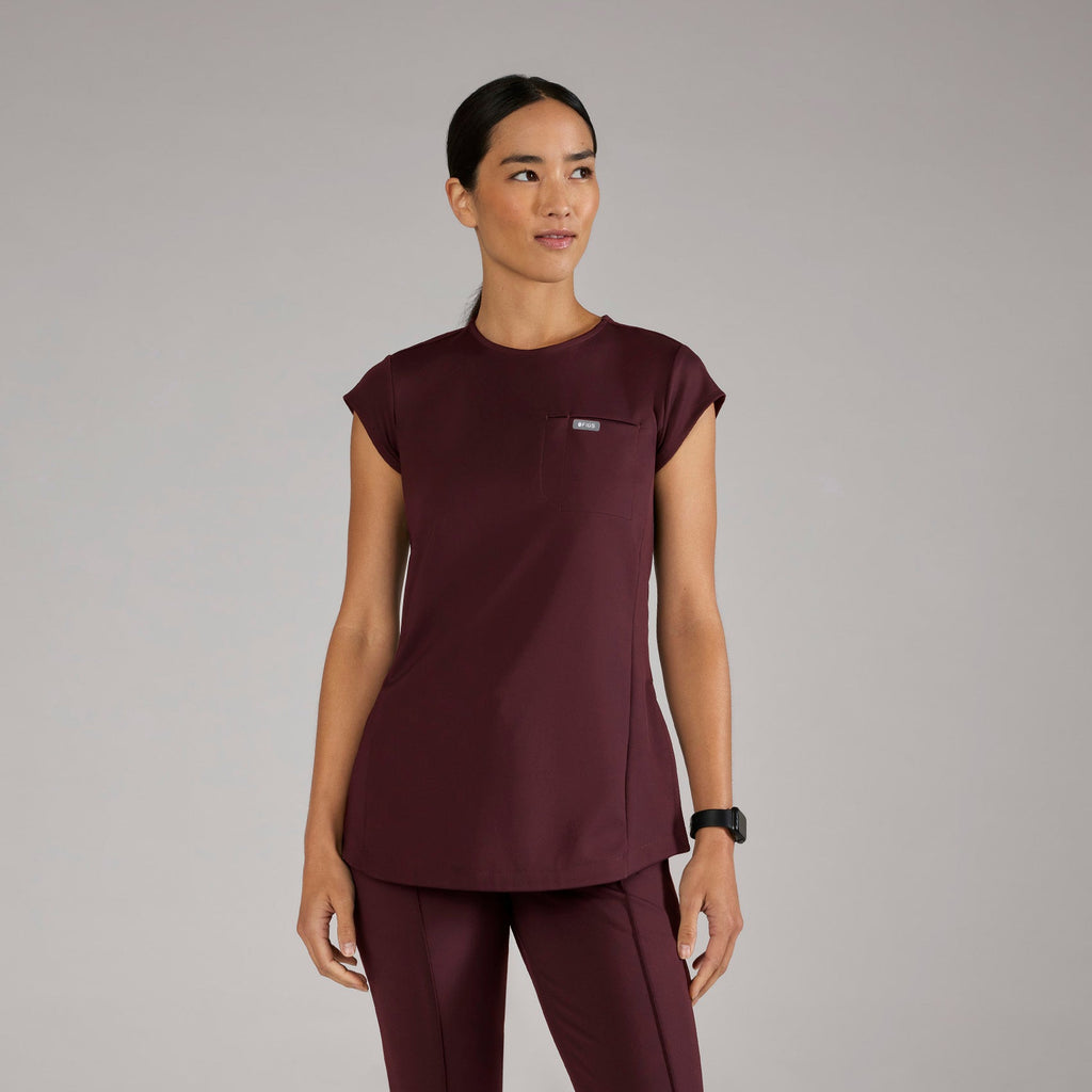 Alma Slim Crewneck Tunic Scrub Top - Burgundy