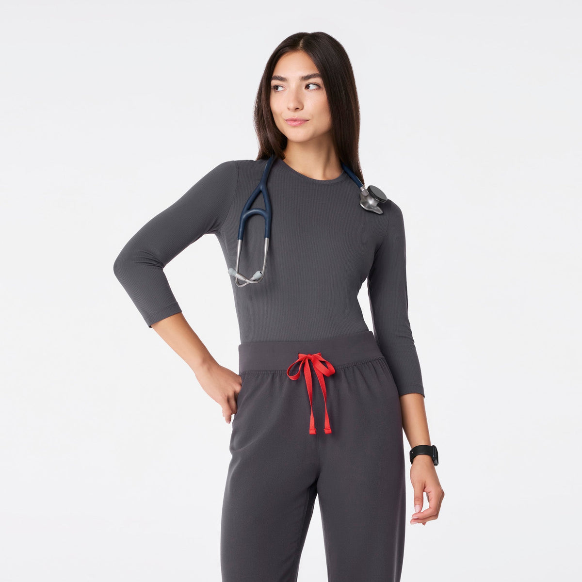 Palmer Ribbed ¾ Sleeve Underscrub - Charcoal