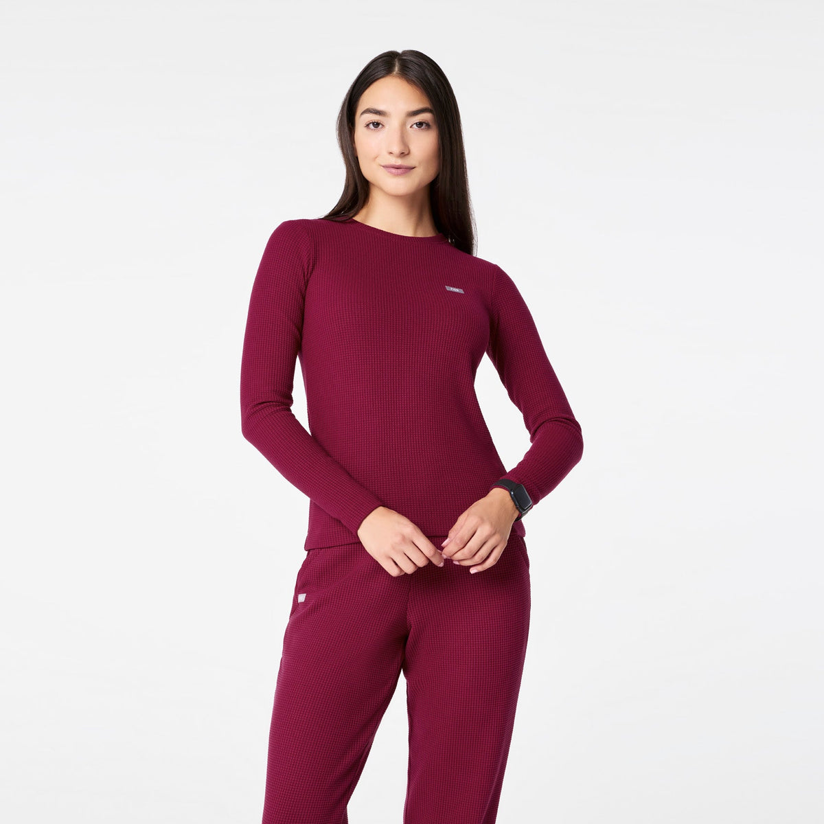 Off-Shift Waffle Crewneck Top™ - Deep Cranberry