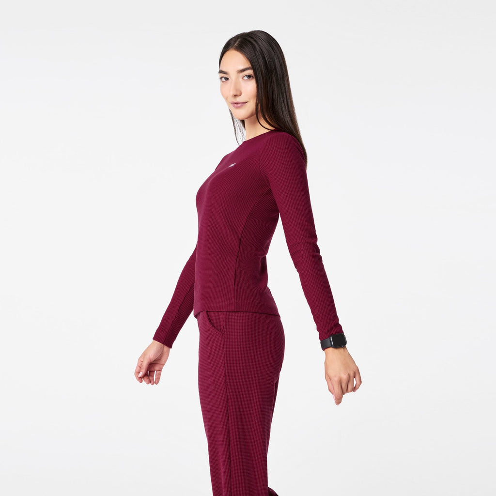Off-Shift Waffle Crewneck Top™ - Deep Cranberry