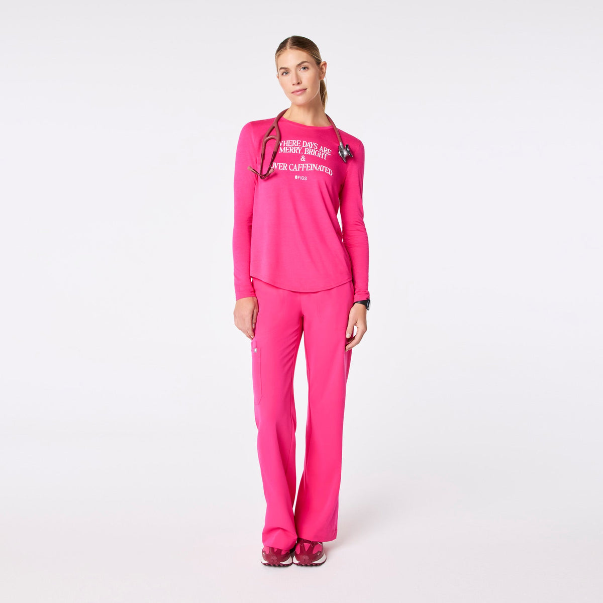 Where Days Are Merry, Bright and Overcaffeinated Long-Sleeve Underscrub - Shocking Pink