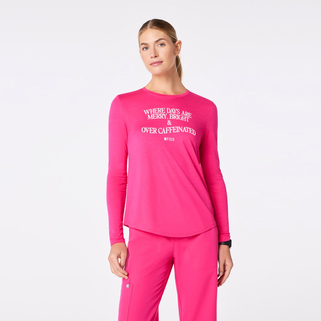 Where Days Are Merry, Bright and Overcaffeinated Long-Sleeve Underscrub - Shocking Pink