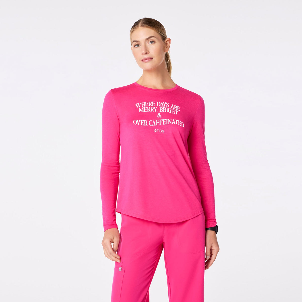 Where Days Are Merry, Bright and Overcaffeinated Long-Sleeve Underscrub - Shocking Pink