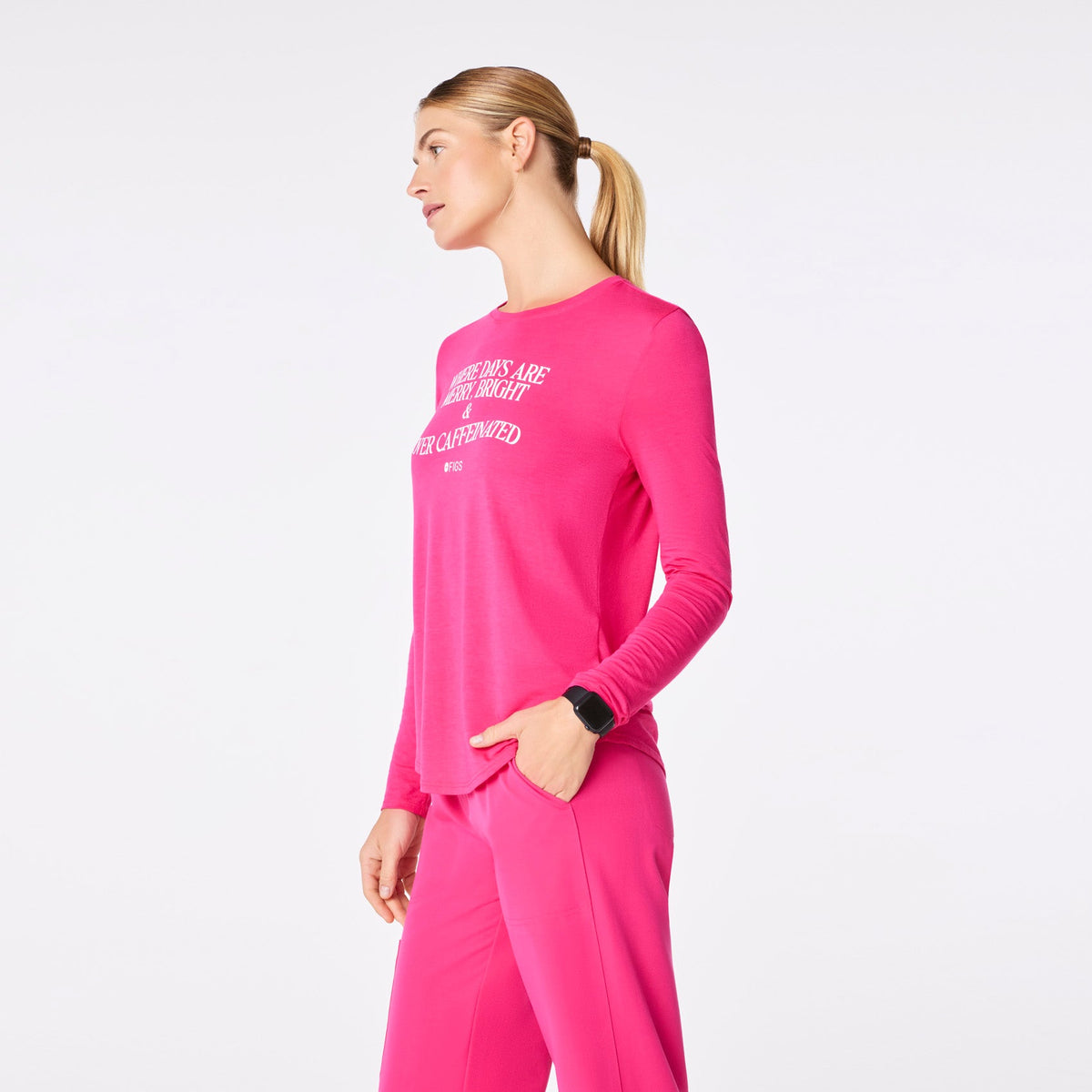 Where Days Are Merry, Bright and Overcaffeinated Long-Sleeve Underscrub - Shocking Pink