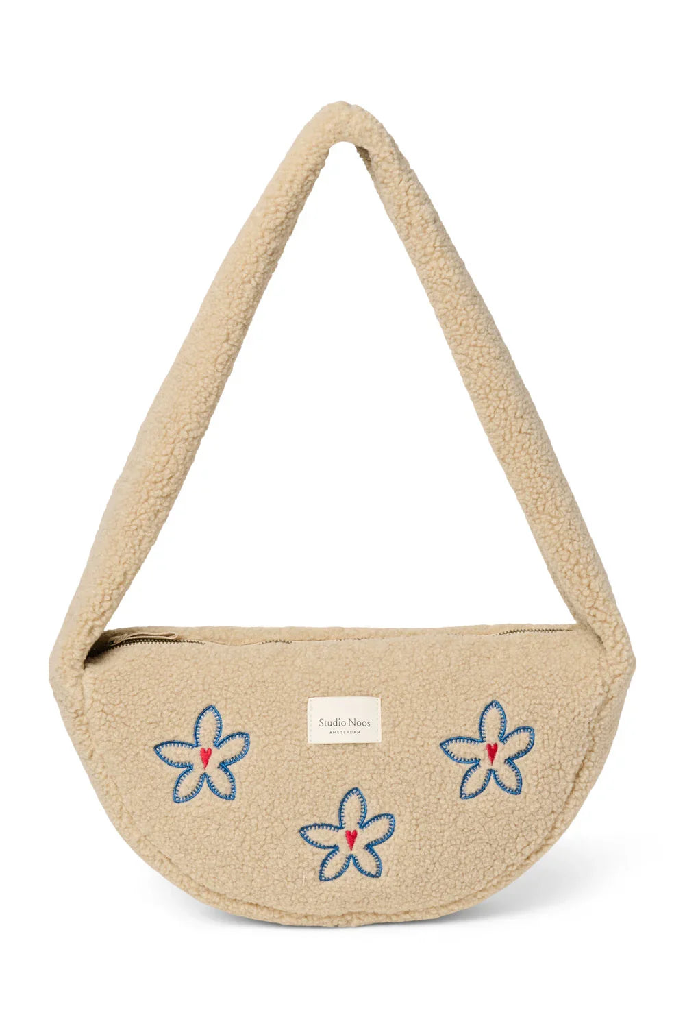 Ecrukleurige mini-crossbodytas met hart en bloemen
