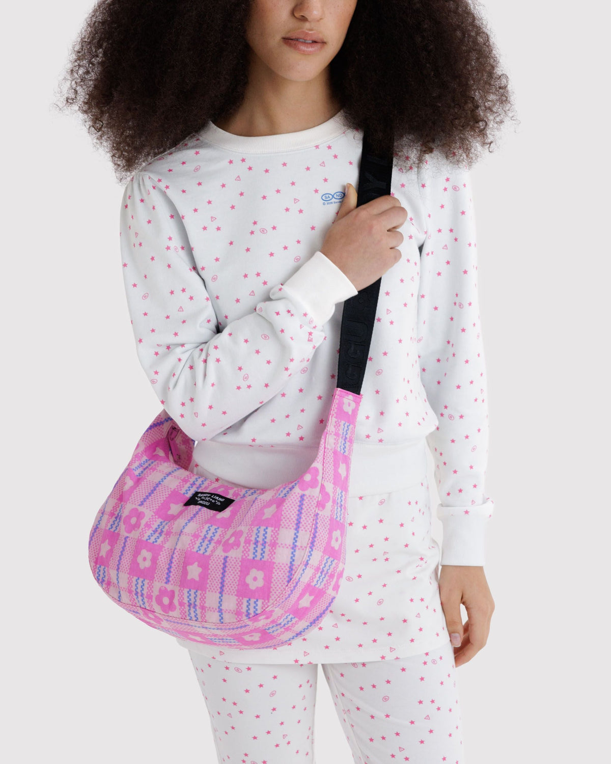 Medium Nylon Crescent Bag - Market Plaid Pink - image 2