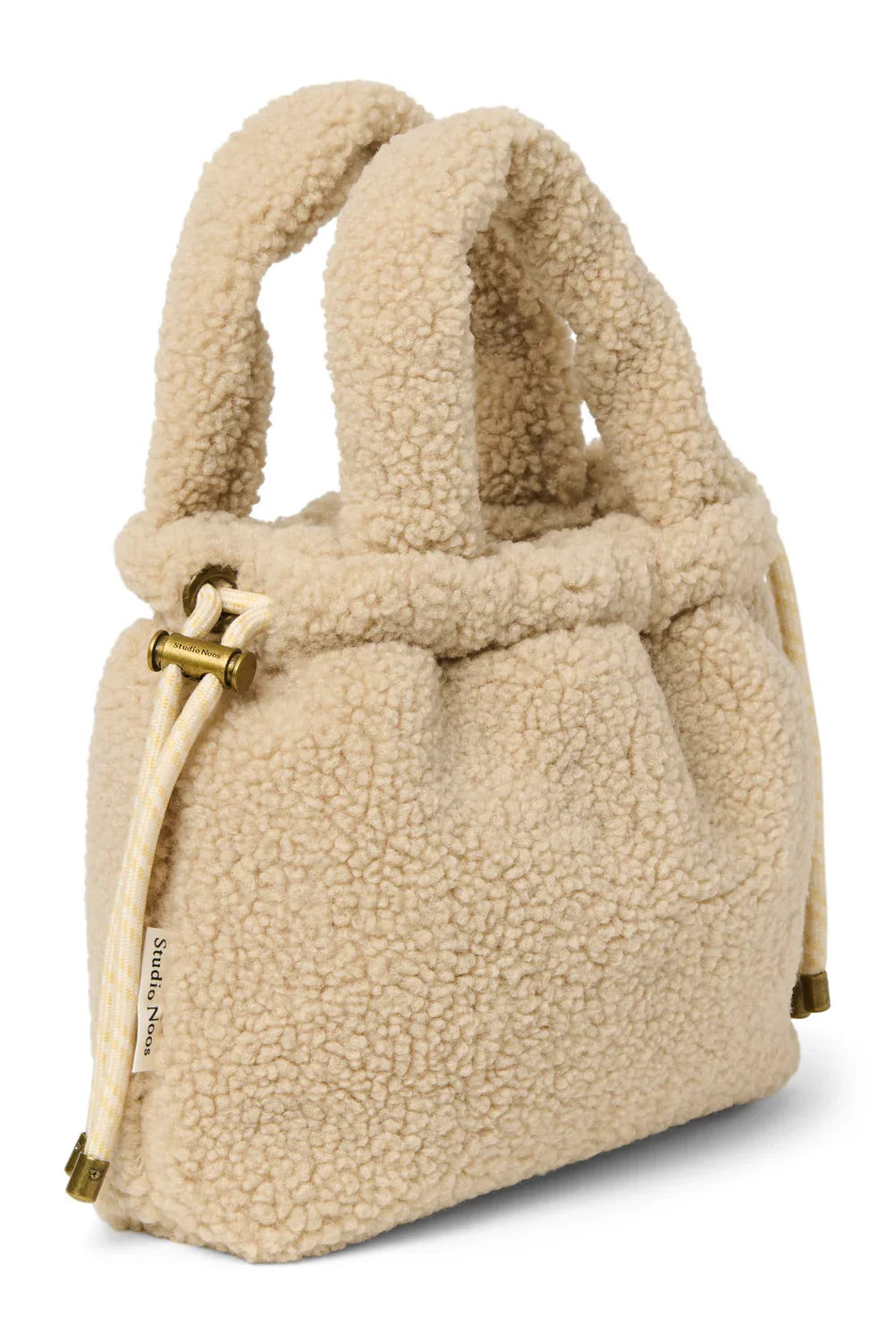 Ecrukleurige teddy mini-tas met trekkoordsluiting