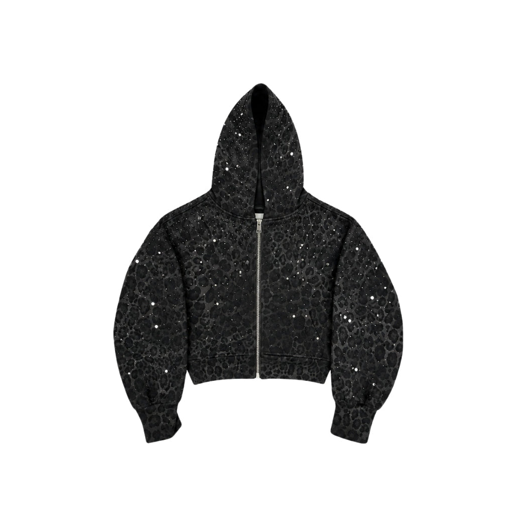 VYBES Women's Black Leopard Cropped Zip-up