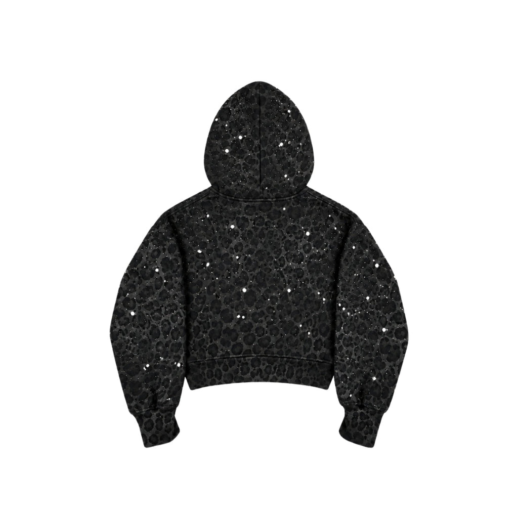 VYBES Women's Black Leopard Cropped Zip-up