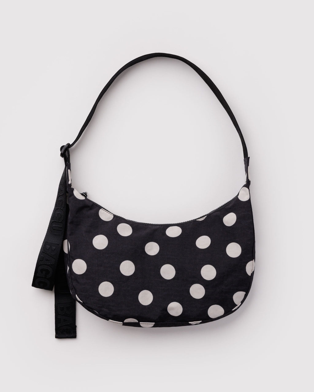 Medium Nylon Crescent Bag - Black and Cream Polka Dot