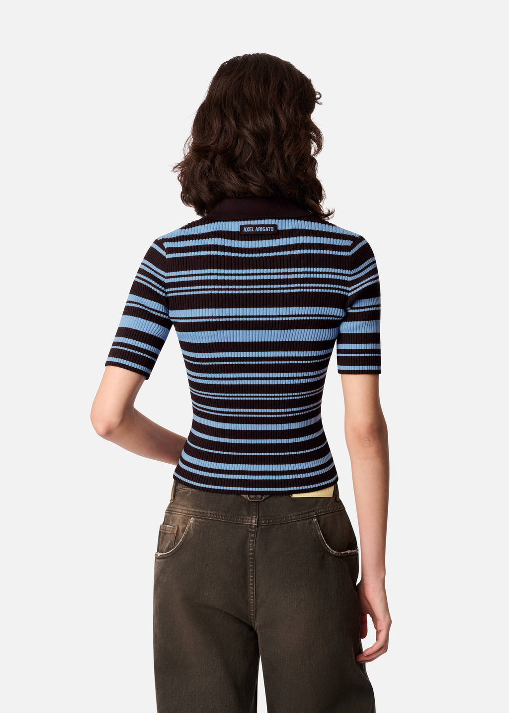 Anja Ribbed Polo Top - Dark Brown/Light Blue - image 3
