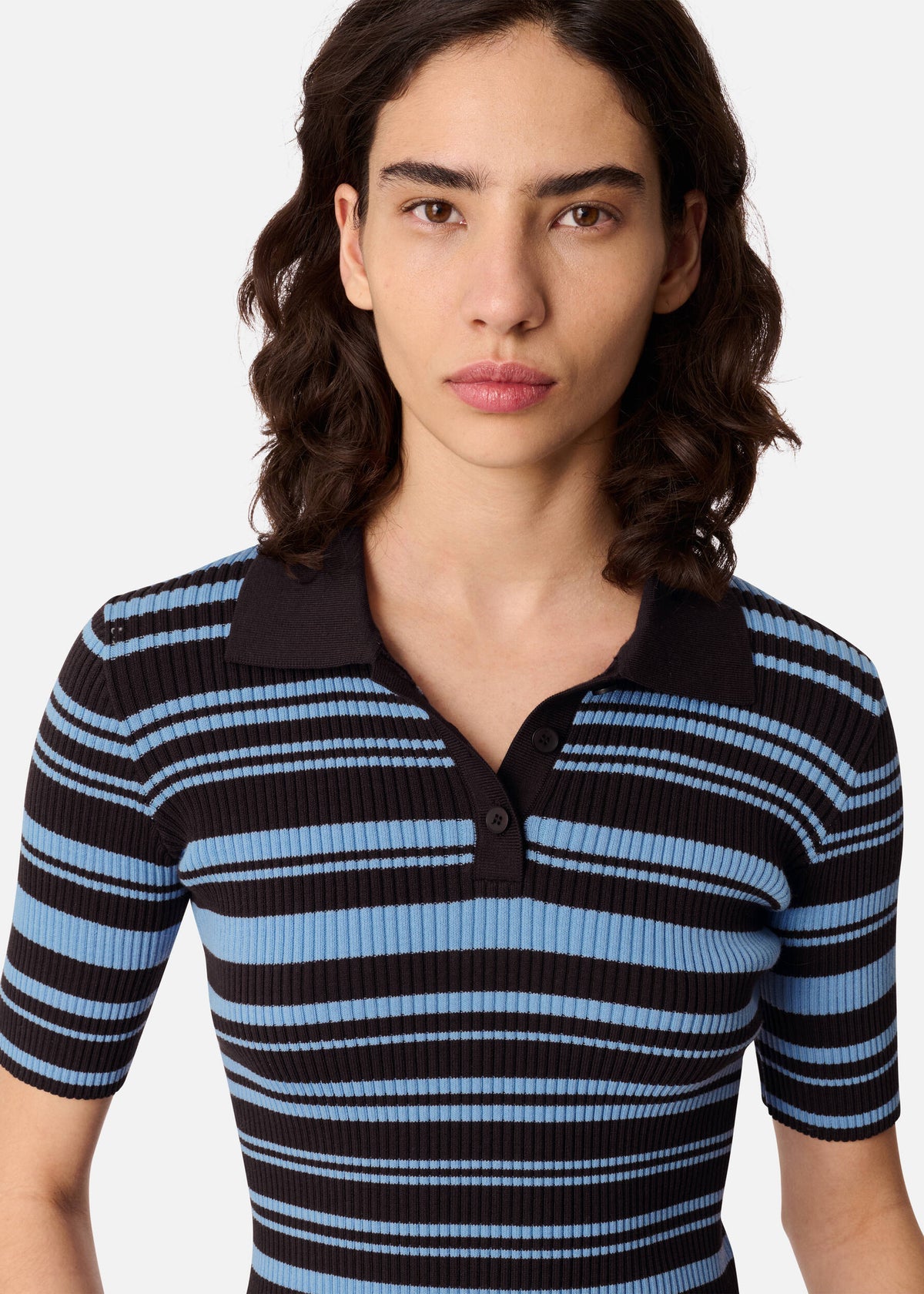 Anja Ribbed Polo Top - Dark Brown/Light Blue - image 5