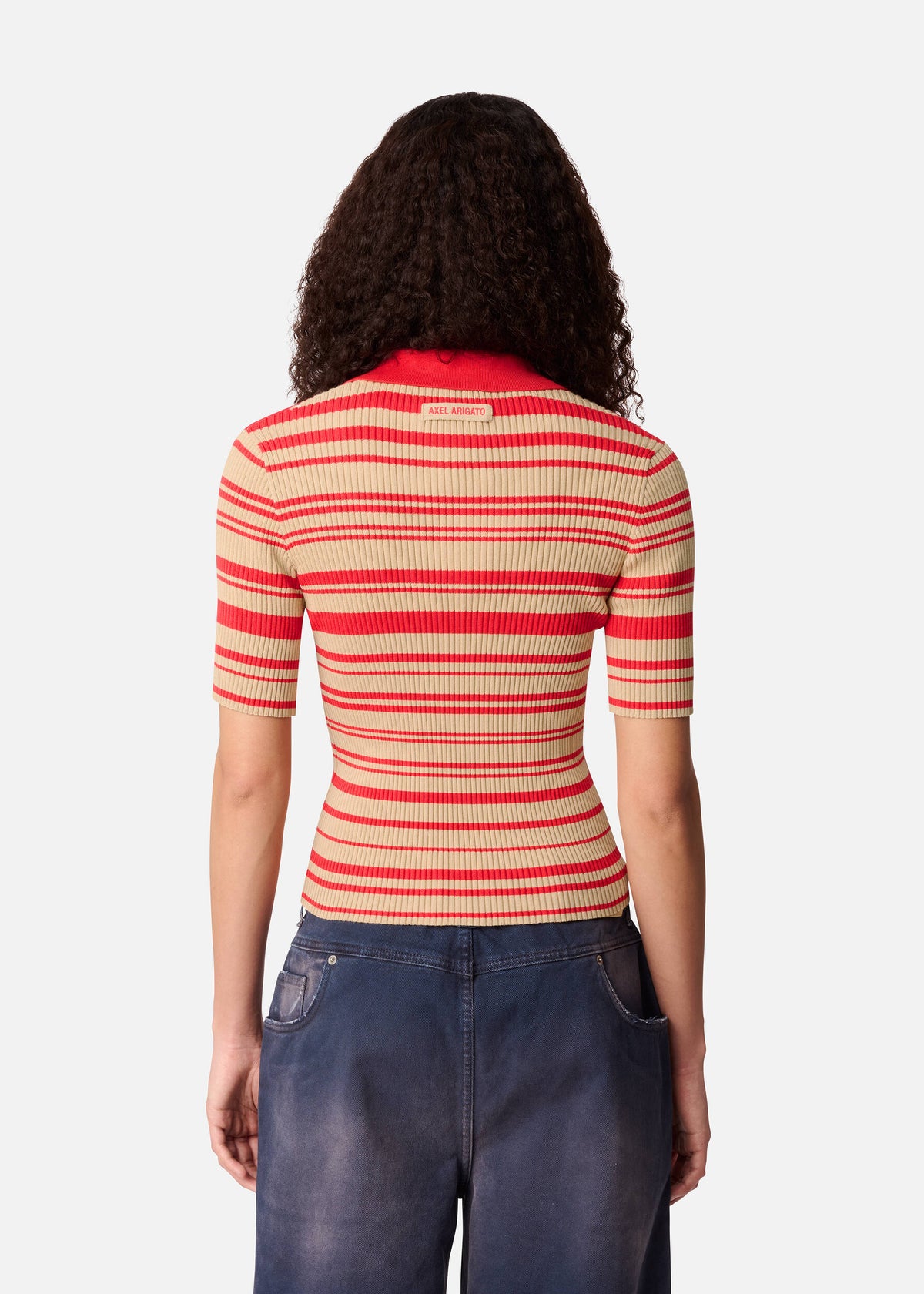 Anja Ribbed Polo Top - Red/Beige - image 3