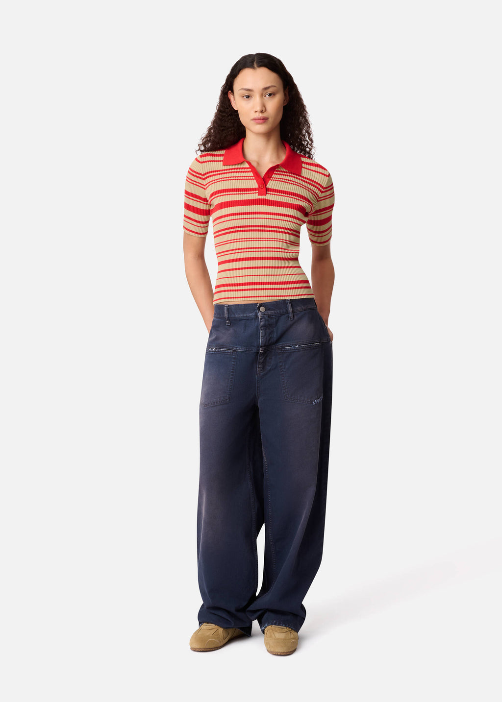 Anja Ribbed Polo Top - Red/Beige - image 4