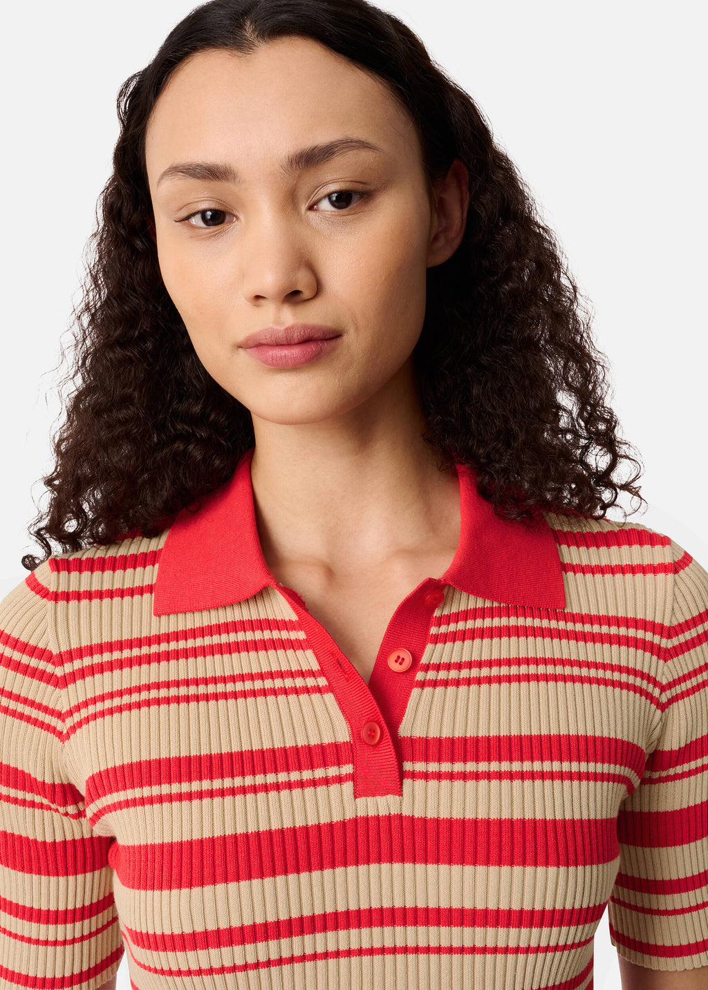 Anja Ribbed Polo Top - Red/Beige - image 5