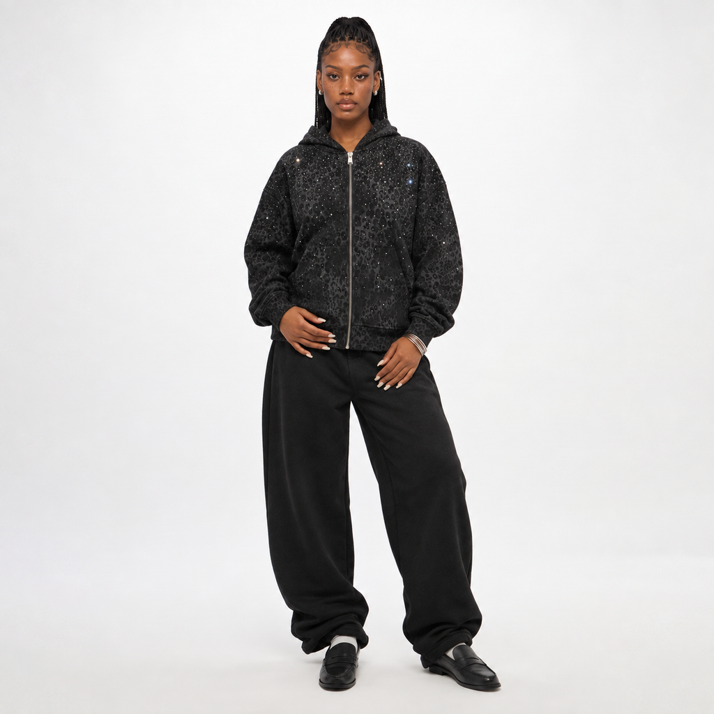 VYBES Black Leopard Zip Up