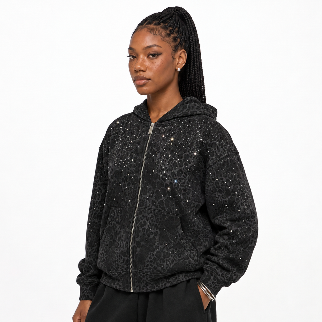 VYBES Black Leopard Zip Up