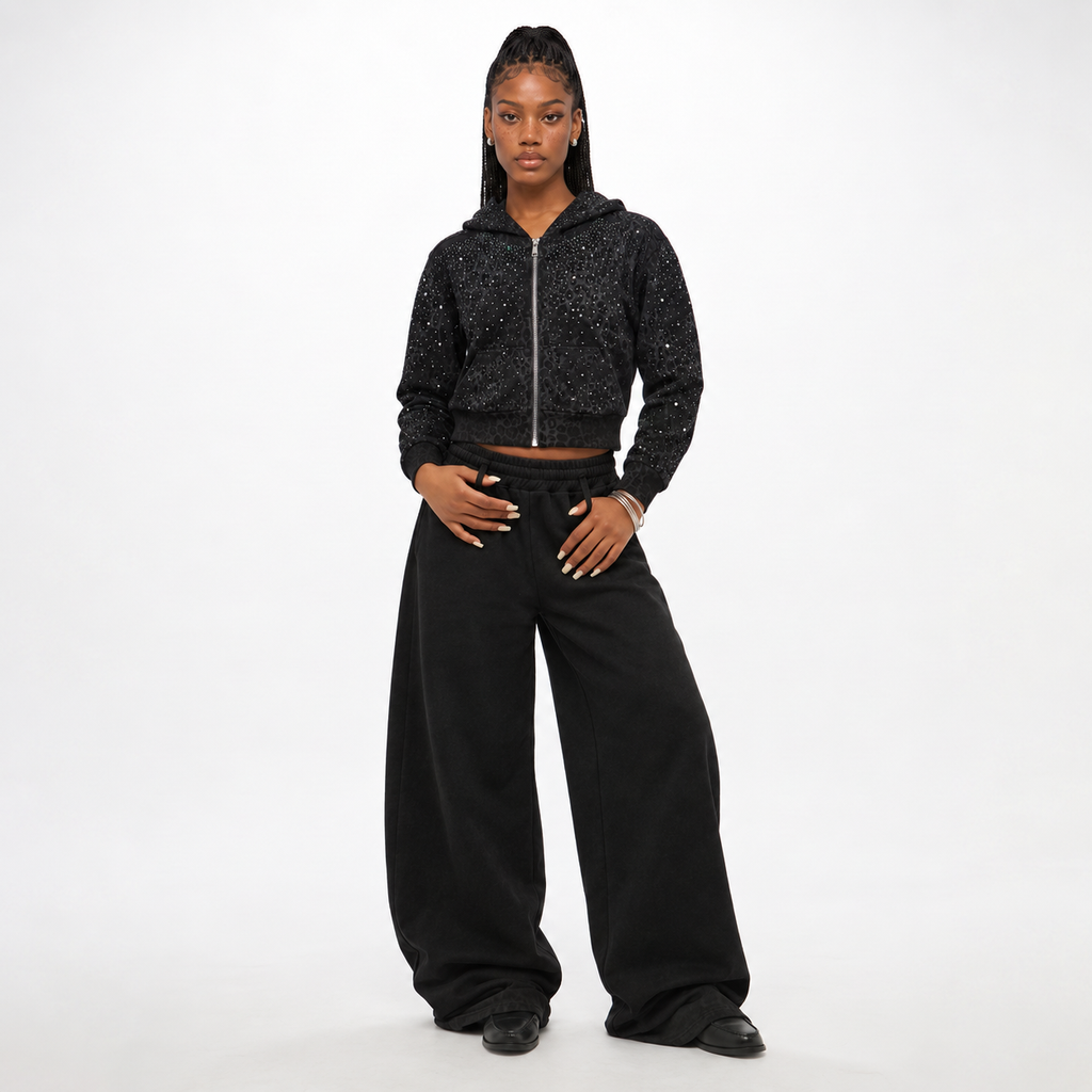 VYBES Women's Black Leopard Cropped Zip-up