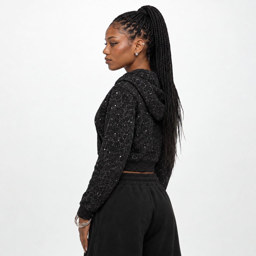VYBES Women's Black Leopard Cropped Zip-up