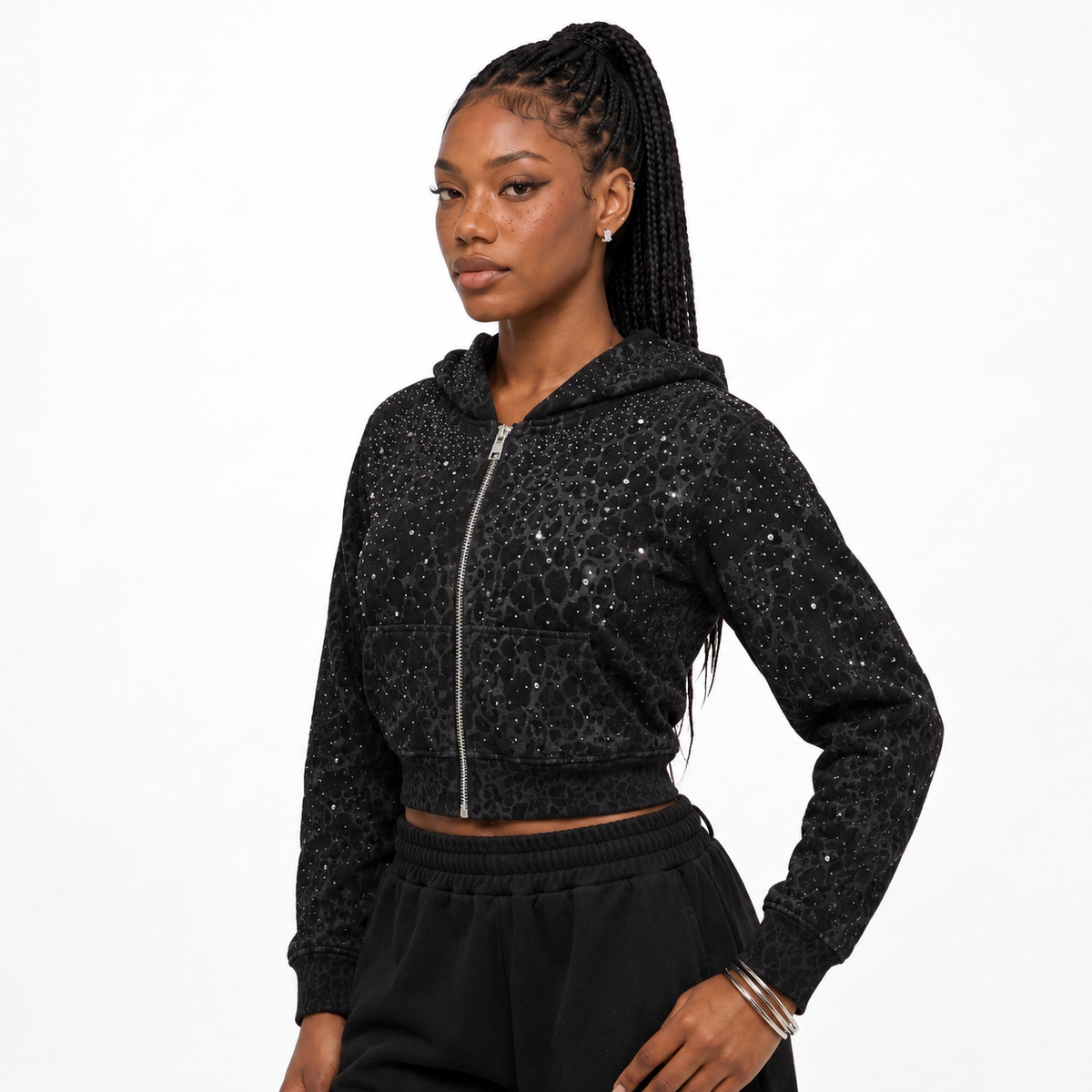 VYBES Women's Black Leopard Cropped Zip-up