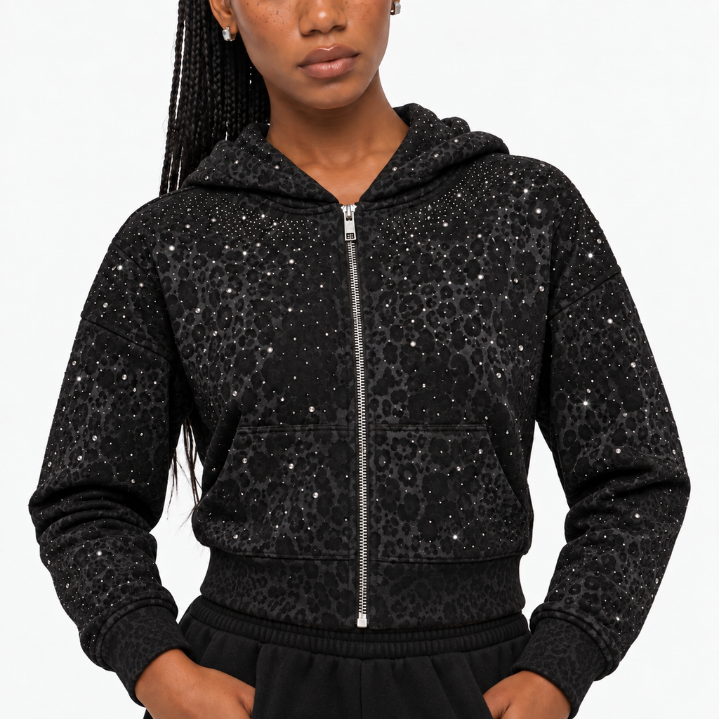 VYBES Women's Black Leopard Cropped Zip-up