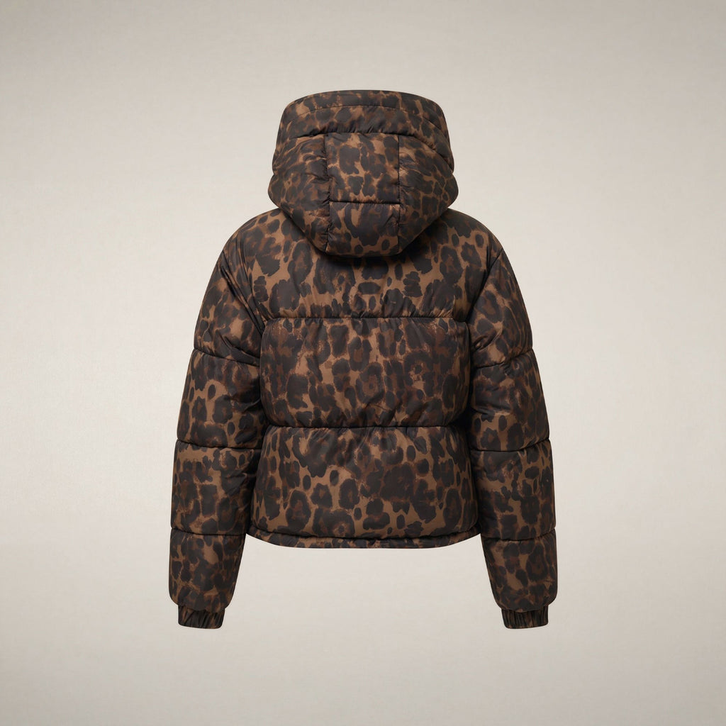 Women's Cropped Puffer Jacket Rhiannon in Dark Brown Leopard