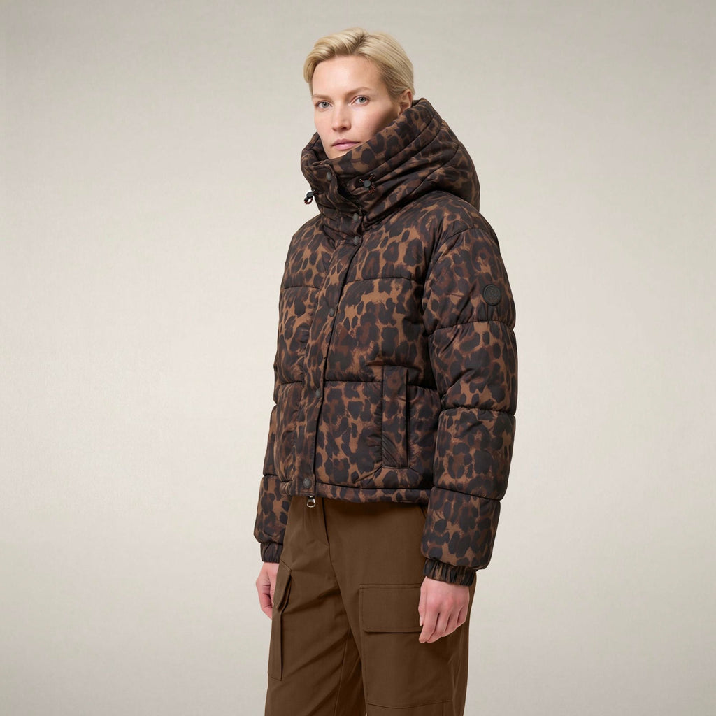 Women's Cropped Puffer Jacket Rhiannon in Dark Brown Leopard