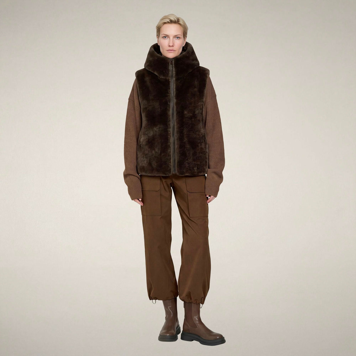 Women's Faux Fur Puffer Vest Cassandra in Soil Brown