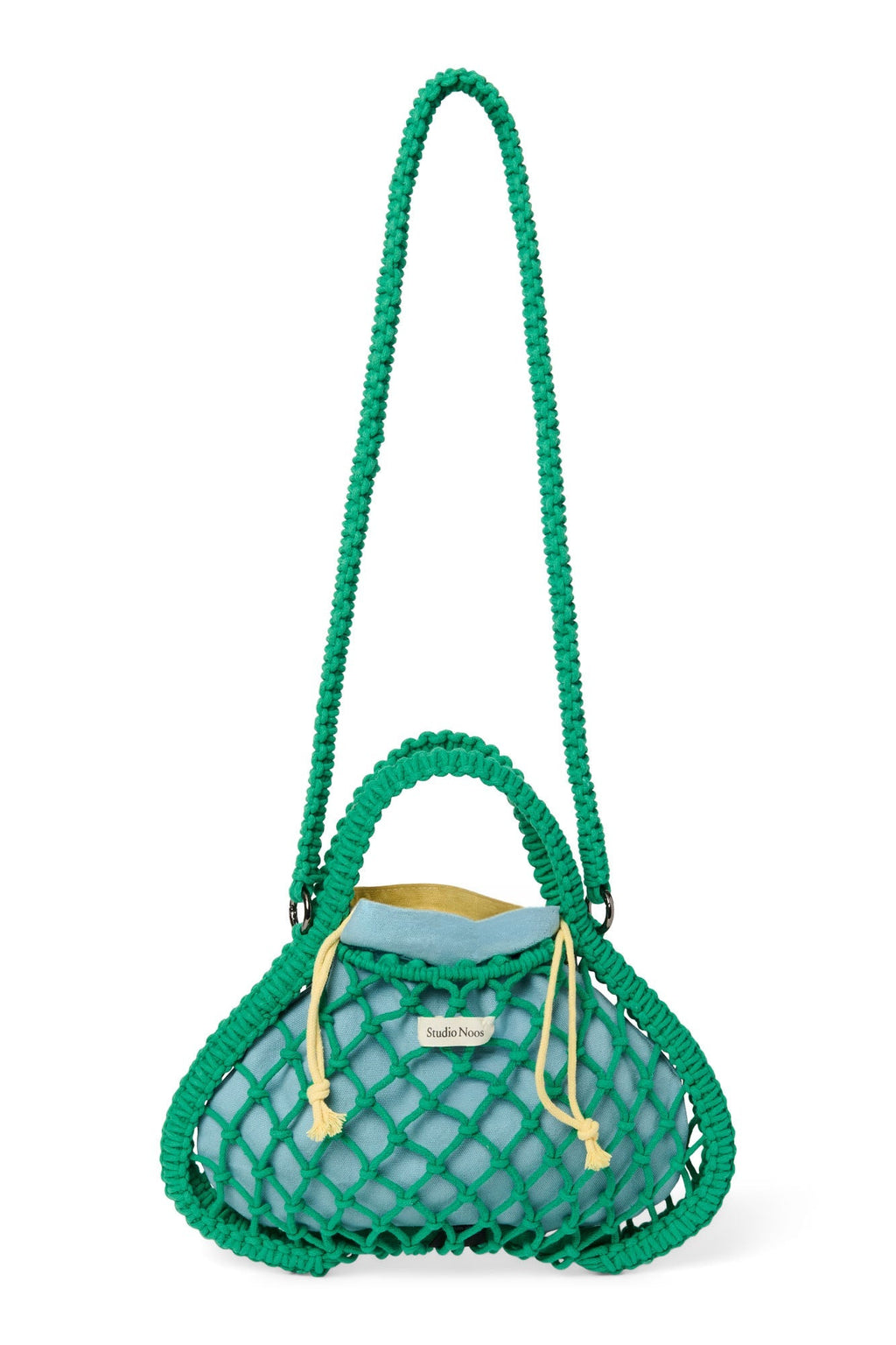 Blauw-gele omkeerbare inzet | Groene macramé minihandtas met
