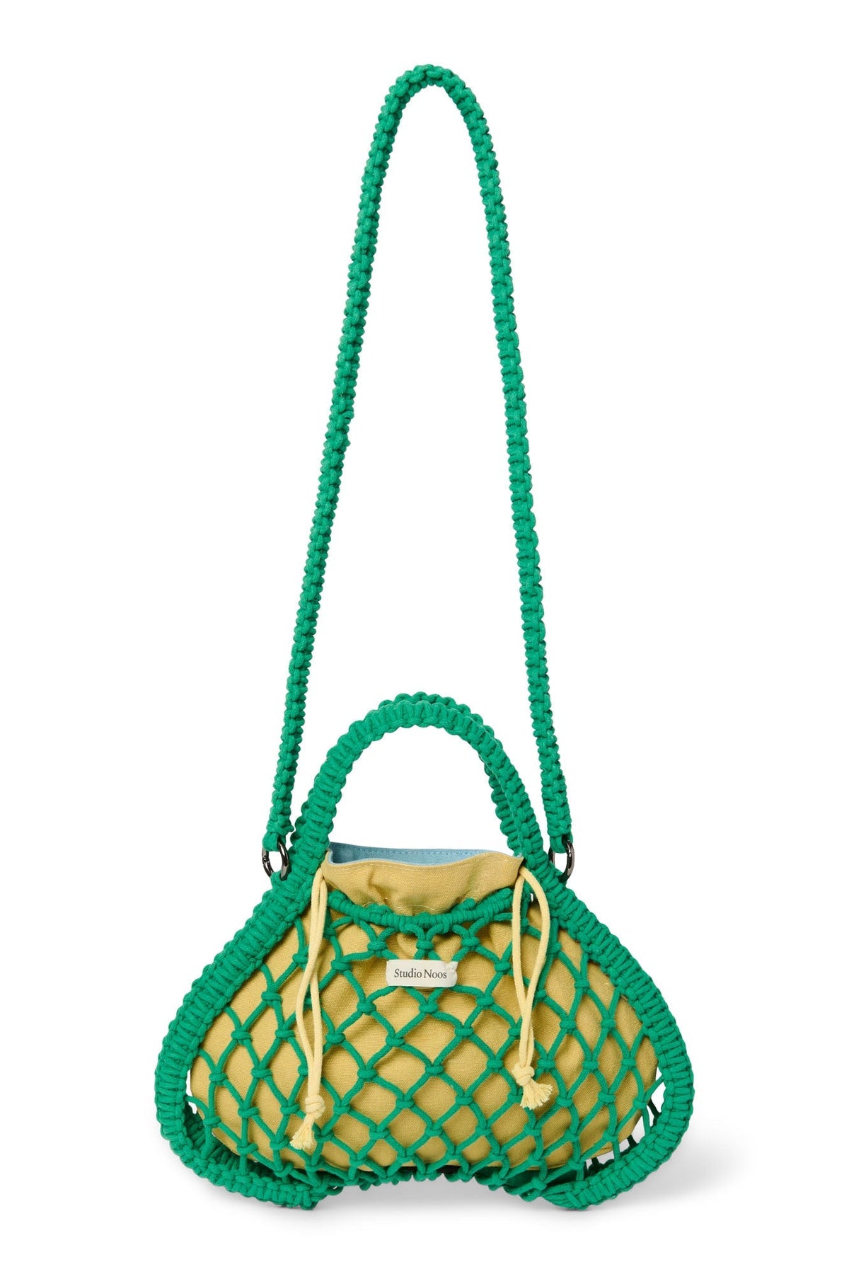 Blauw-gele omkeerbare inzet | Groene macramé minihandtas met