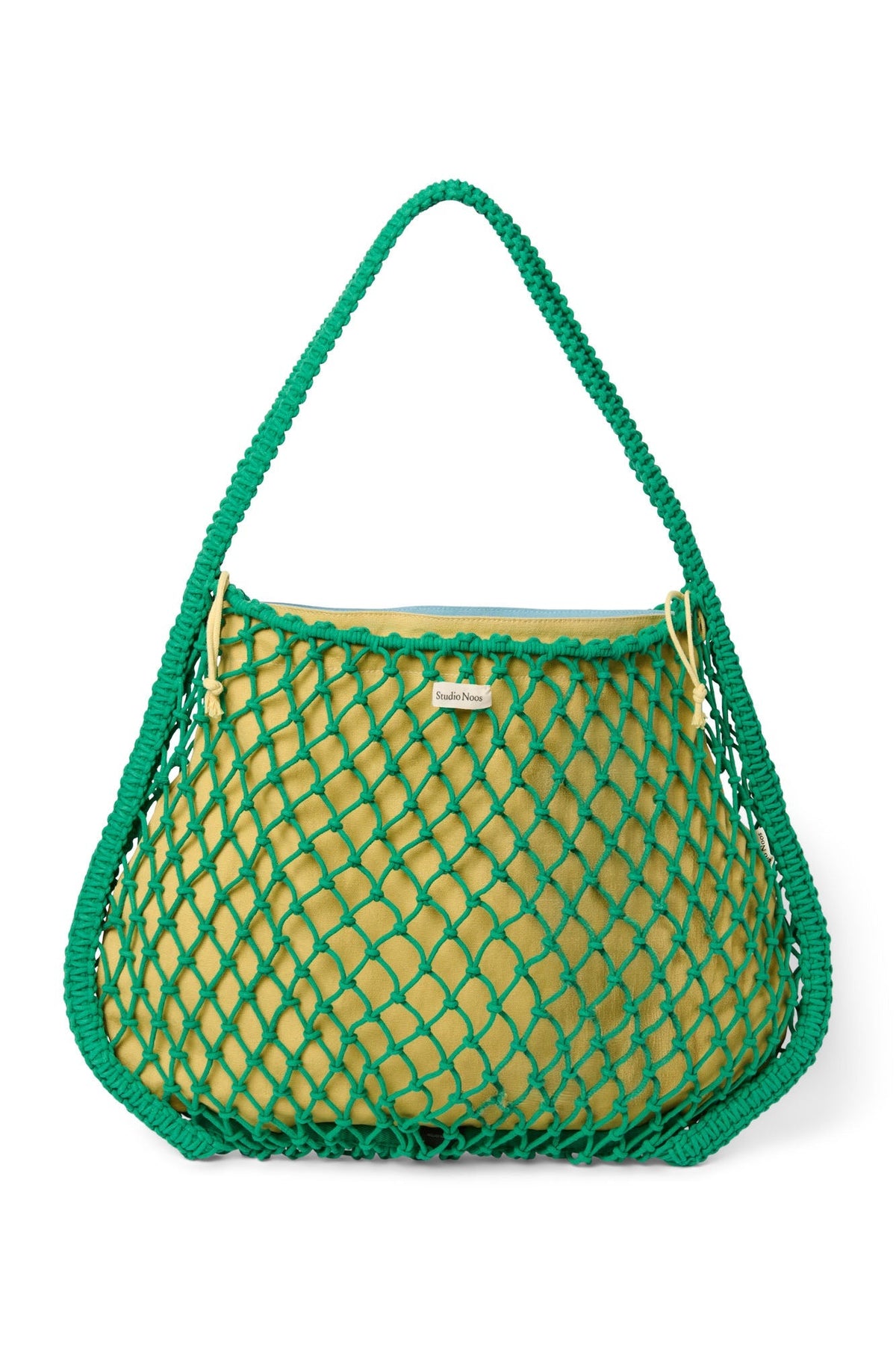 Blau-gelber Wende-Einsatz | Grüne Makramee Mom Bag mit