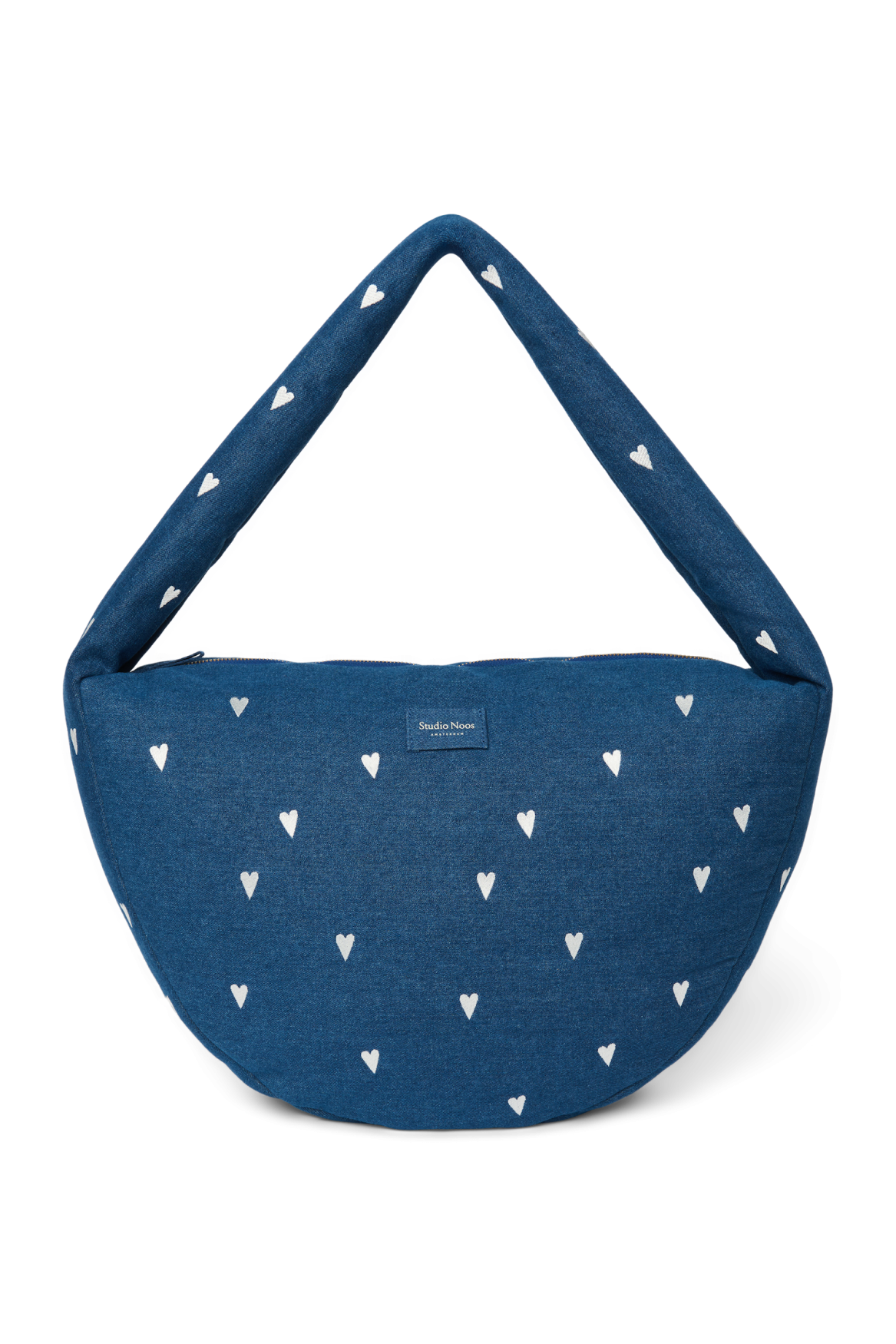 Denim schoudertas | Donkerblauw met witte hartjes
