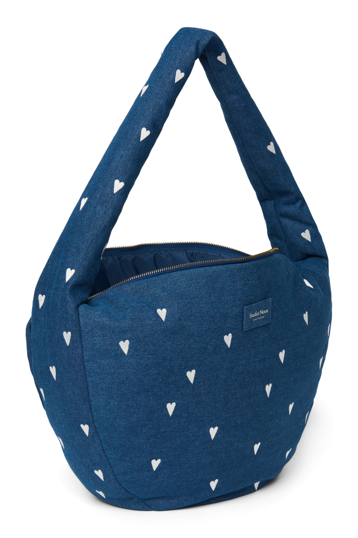 Denim schoudertas | Donkerblauw met witte hartjes