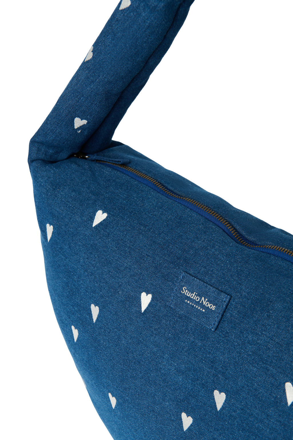 Denim schoudertas | Donkerblauw met witte hartjes