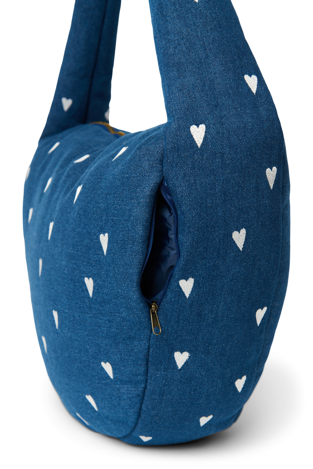 Denim schoudertas | Donkerblauw met witte hartjes
