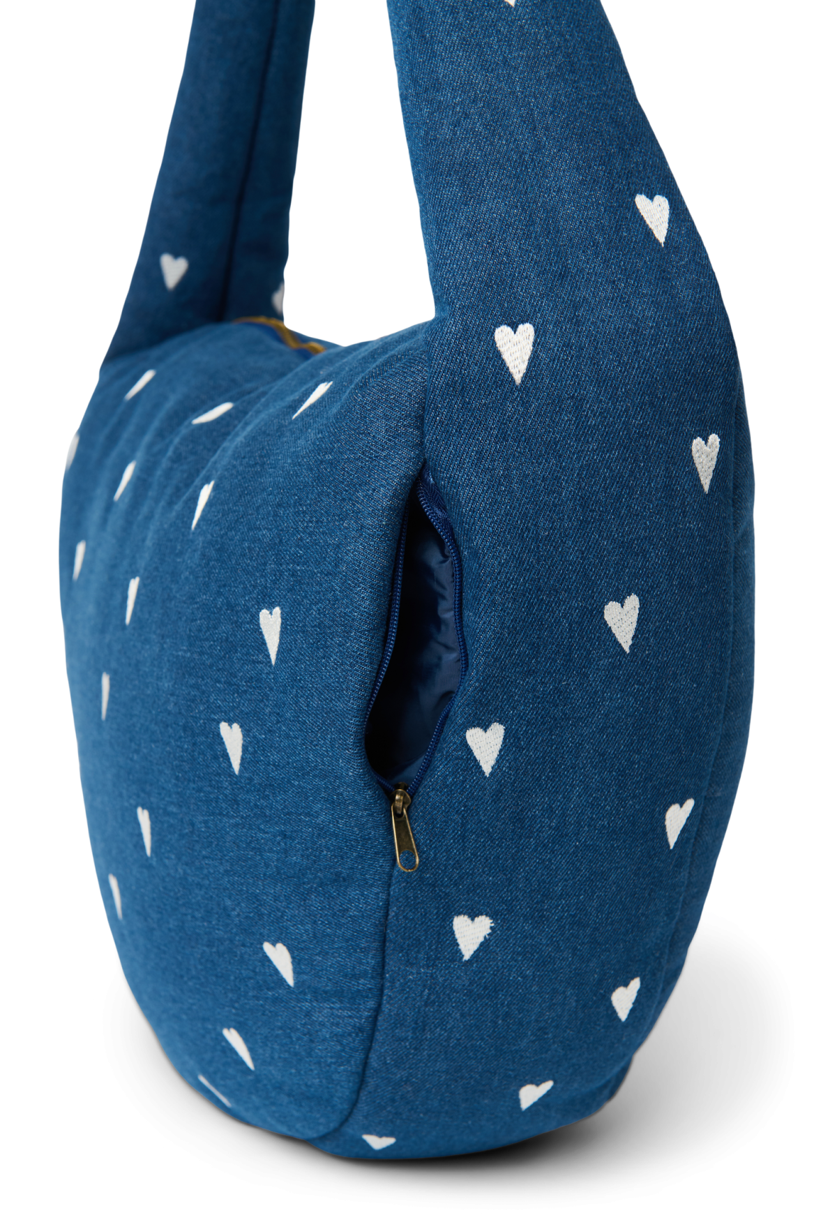 Denim schoudertas | Donkerblauw met witte hartjes