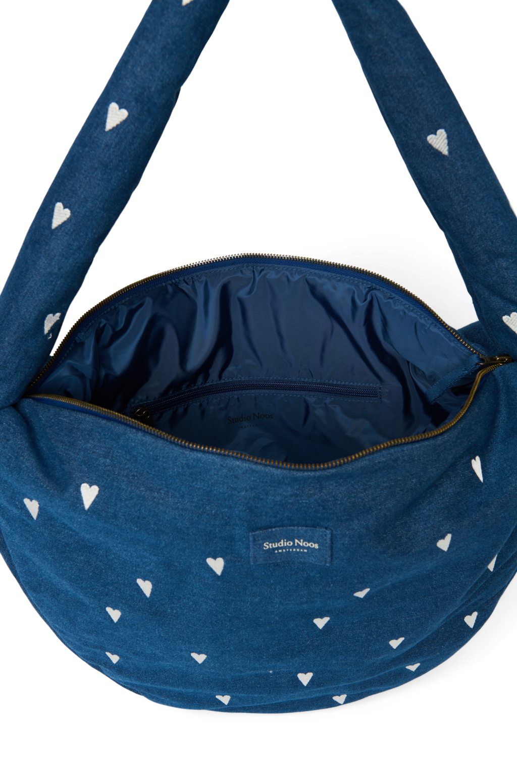 Denim schoudertas | Donkerblauw met witte hartjes