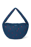 Denim schoudertas | Donkerblauw met rode hartjes