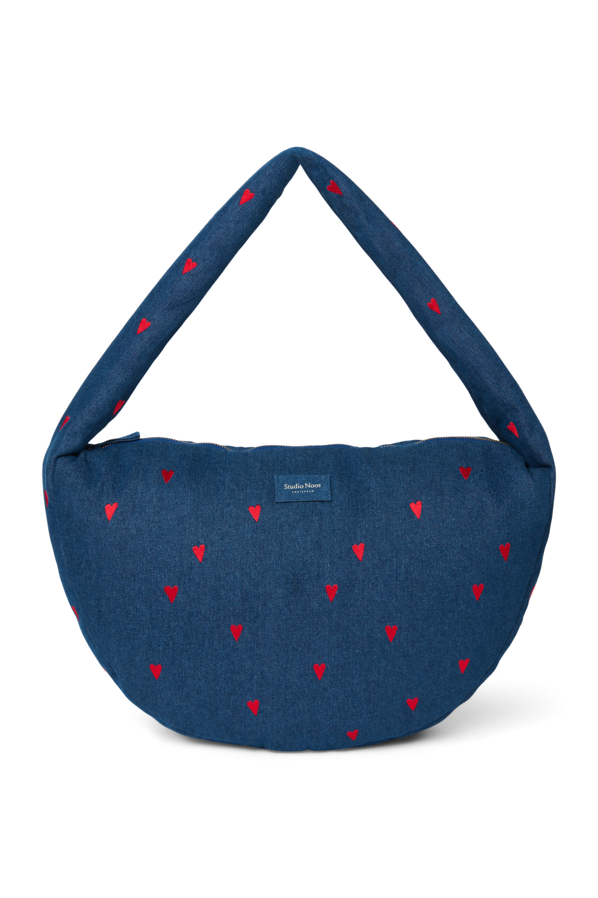 Denim schoudertas | Donkerblauw met rode hartjes