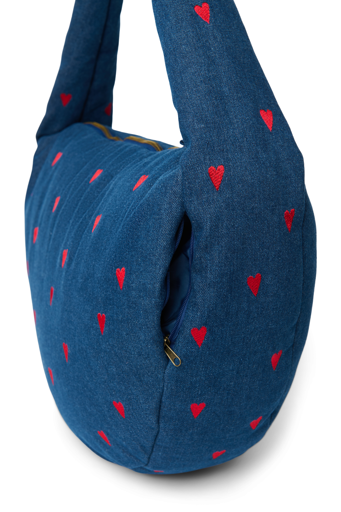 Denim schoudertas | Donkerblauw met rode hartjes