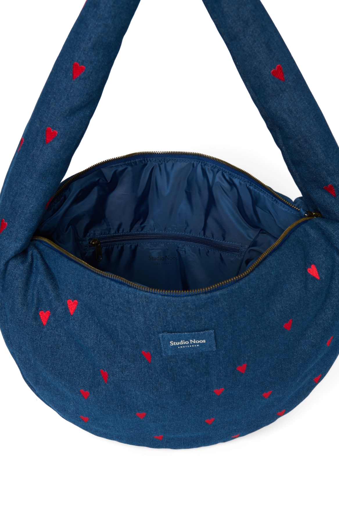 Denim schoudertas | Donkerblauw met rode hartjes