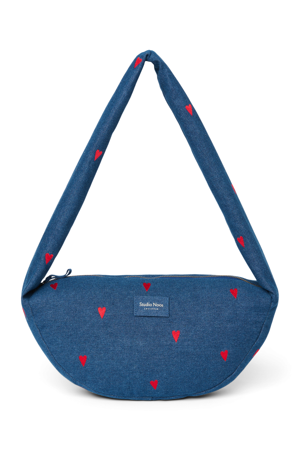 Denim Mini-schoudertas | Donkerblauw met rode hartjes