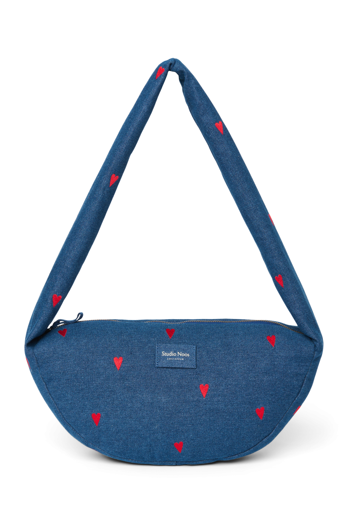 Denim Mini-schoudertas | Donkerblauw met rode hartjes